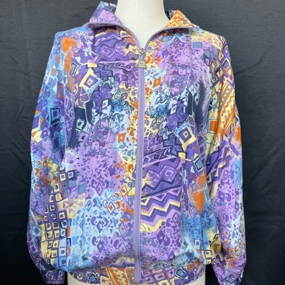 Vintage Casual Isle Gold Collection Silk Bomber Jacket Purple Print Size M